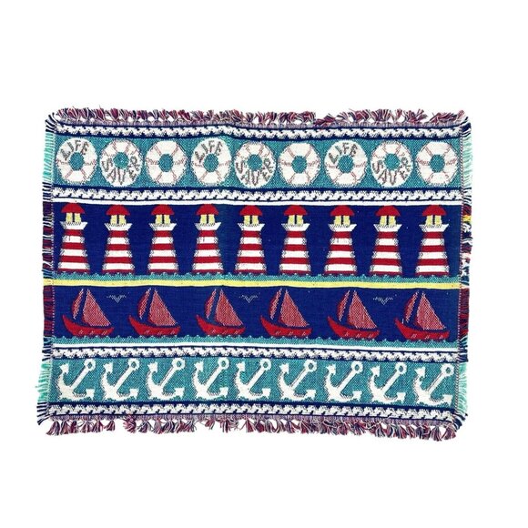 Set Of 4 Nautical Woven Placemats Sailboats Lighthouses Beach Cottage Blue Red - Picture 3 of 7